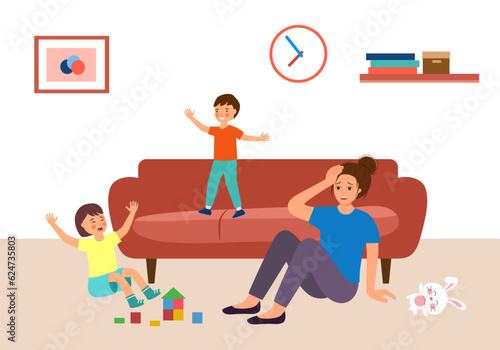 Tired mom exhausts with playful kids in flat design.