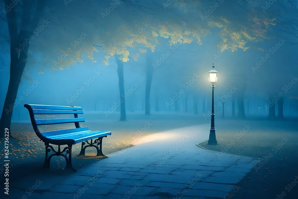In a serene park, a vintage park bench stands alone, painted in plain monochrome pastel blue, exuding a sense of nostalgia and tranquility. Ai generated