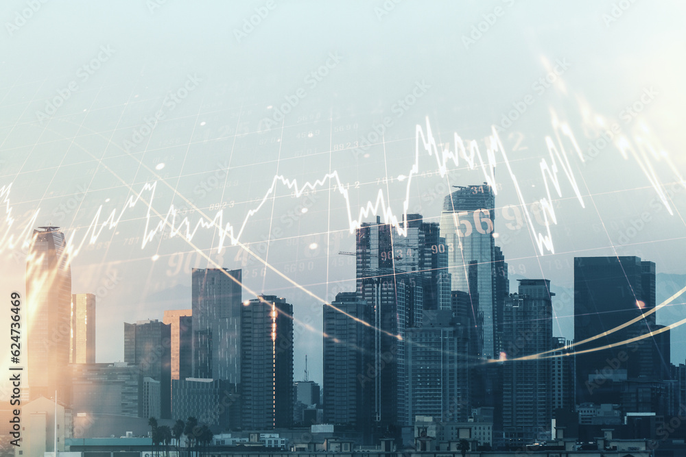 Multi exposure of virtual abstract financial diagram on Los Angeles office buildings background, banking and accounting concept