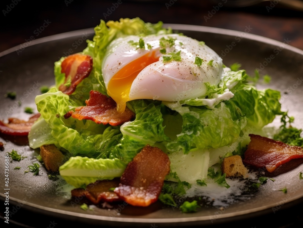 Salade Lyonnaise with frisee lettuce, bacon, and a poached egg on a white plate