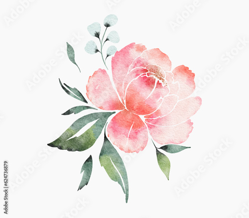 Watercolor vector figures on a white background. White card with peonies background. Retro futuristic aesthetics of the 2000s.