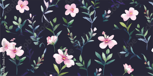 Floral pattern with purple flowers and green leaves on branches, watercolor seamless illustration isolated on dark blue background, delicate garden with abstract wildflowers © Eli Berr