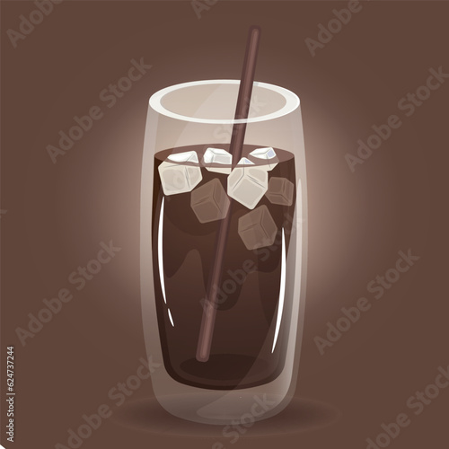 Iced coffee with the straw and ice cubes. Brown drink soda or coke in the glass . Cartoon style vector illustration