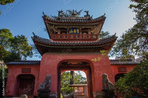 Sanmon Gate of Sofukuji Zen Temple in Nagasaki Japan, Ryugumon gate, chinese style architecture red entrance gate