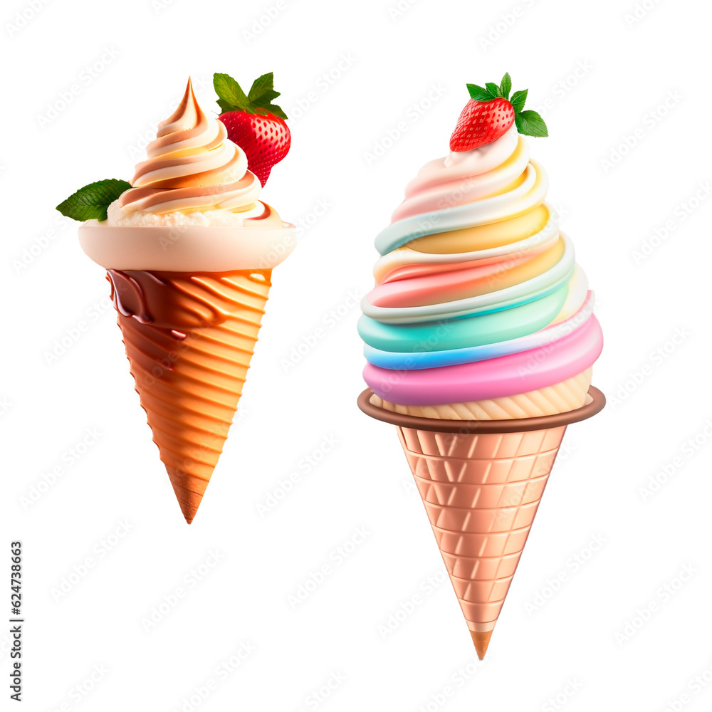 Colored ice cream in a waffle cone with a strawberry berry on a white background Colored ice cream in a waffle cone with a strawberry berry on a white background