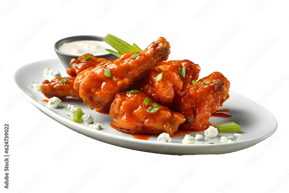 Crispy chicken wings coated in a spicy buffalo sauce, served with blue cheese dressing and celery sticks. A favorite for spicy food lovers. white background - Generative AI Crispy chicken wings coated in a spicy buffalo sauce, served with blue cheese dressing and celery sticks. A favorite for spicy food lovers. white background - Generative AI