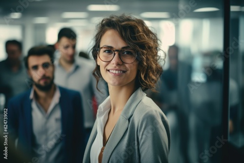 A woman with glasses is standing next to some people in an office. AI generative.