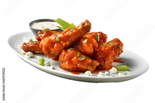 Crispy chicken wings coated in a spicy buffalo sauce, served with blue cheese dressing and celery sticks. A favorite for spicy food lovers. white background - Generative AI 