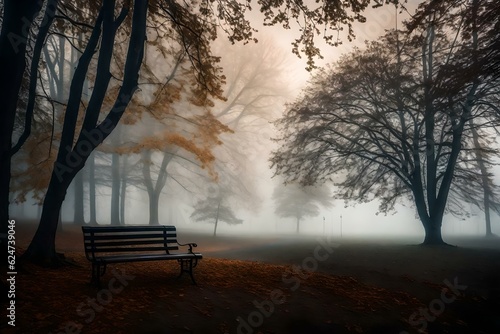 A lonely park bench sits gracefully amidst a blanket of thick fog  giving the scene an enchanting and magical quality.Ai generated