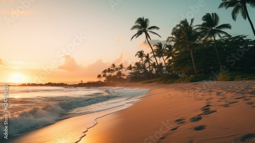 Bright sunset on the beach with tropical palm trees