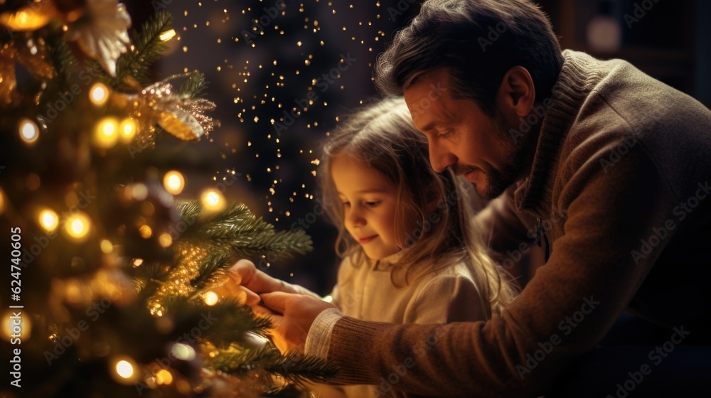 Father and daughter decorate a Christmas tree. AI generative. Father and daughter decorate a Christmas tree. AI generative.
