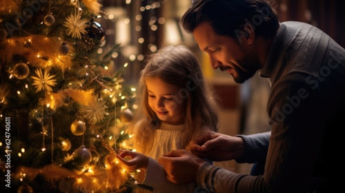 Father and daughter decorate a Christmas tree. AI generative.
