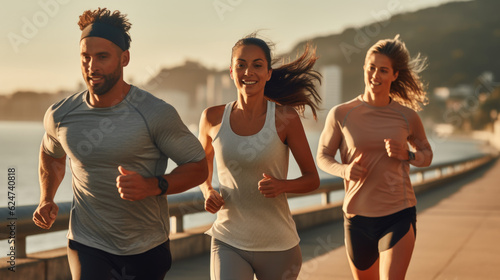 group of people jogging down road near the ocean. AI generative.