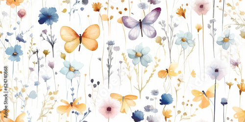Floral seamless pattern with abstract flying butterflies and dragonflies, watercolor illustration with delicate abstract wildflowers on white background, environment in blue and yellow colored