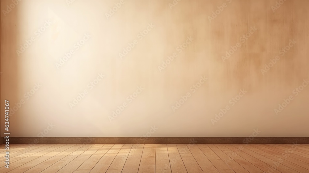 Beige empty room with a wooden floor and a glare on the wall. Free copy space background wallpaper Beige empty room with a wooden floor and a glare on the wall. Free copy space background wallpaper