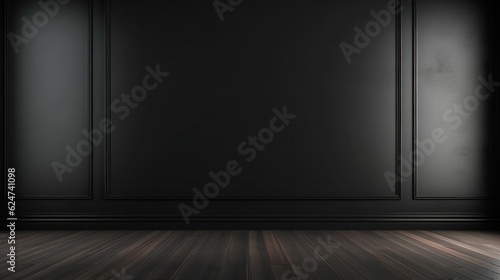 Total black empty room with a wooden floor and a wall. Free copy space background wallpaper