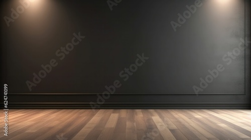 Pastel black empty room with a wooden floor and a spotlight on the wall. Free copy space background wallpaper © Generative Professor