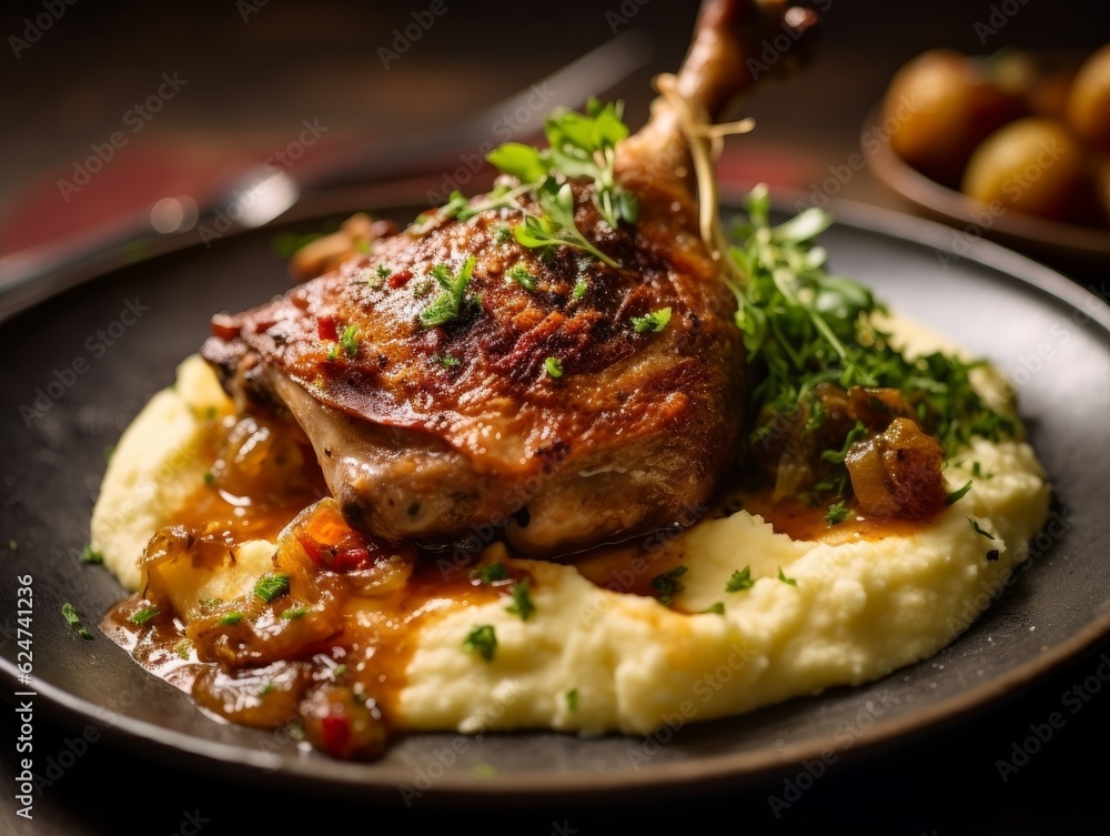 Duck Confit on a bed of mashed potatoes and garnished with herbs