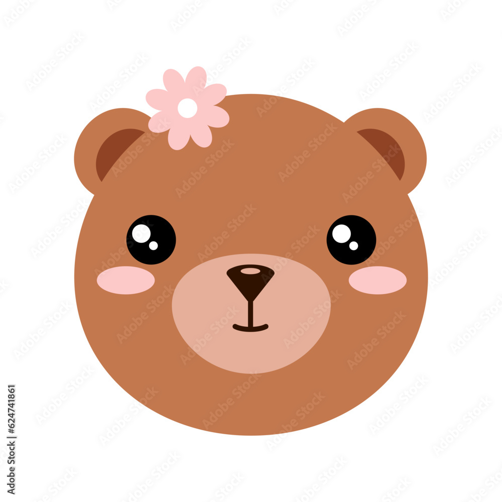 Little baby bear girl. Character of baby animal face with pink flower on head. Vector illustration of bear cub. Print for kids. Little baby bear girl. Character of baby animal face with pink flower on head. Vector illustration of bear cub. Print for kids.