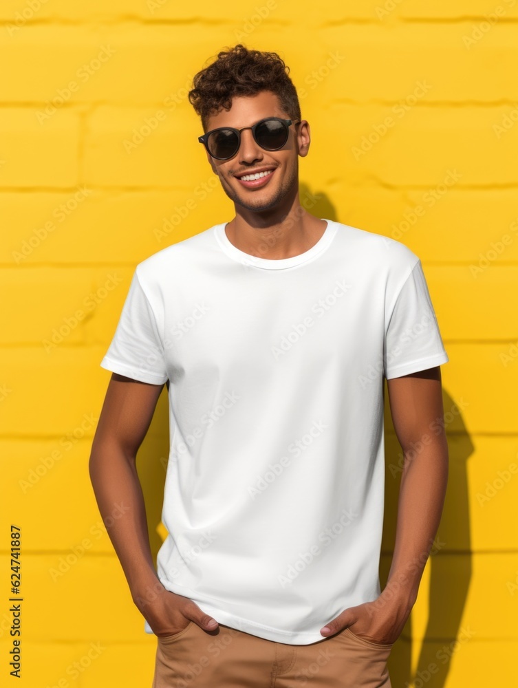 A man wearing a high-quality white t-shirt for a mockup design. AI generative. A man wearing a high-quality white t-shirt for a mockup design. AI generative.