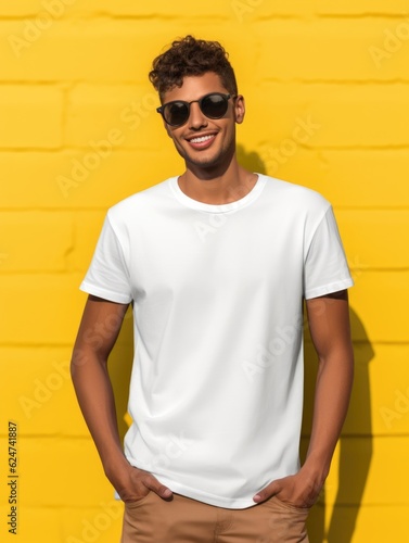 A man wearing a high-quality white t-shirt for a mockup design. AI generative.