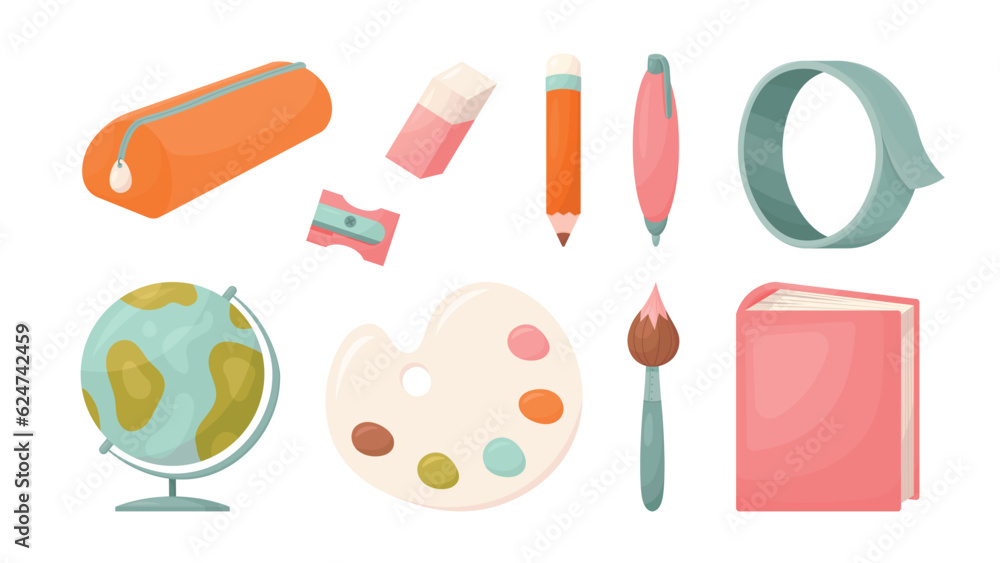 Set of 10 Back to School Illustrations. Pencil case, pencil, eraser, sharpener, pen, scotch tape, globe, palette with paints, bruch and binder (book or notebook) Set of 10 Back to School Illustrations. Pencil case, pencil, eraser, sharpener, pen, scotch tape, globe, palette with paints, bruch and binder (book or notebook)