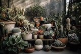 Many lovely plants, cacti, succulents, and air plants were placed in variously shaped pots in the interior garden of the home. Concept for home gardening. jungle at home. Generative AI