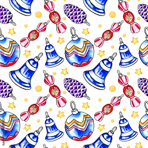 watercolor seamless pattern with festive elements, hand draw illustration of colored christmas tree toys, bell, seets, drum for new year, christmas, winter holidays isolated on white background photo