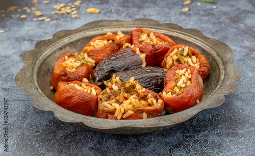 Turkish style stuffed eggplant and dried peppers