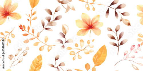 Floral seamless pattern with autumn leaves, branches and flowers. Watercolor delicate print on white background