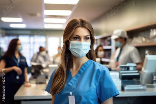 Woman physician standing at counter wearing a mask. AI generative.