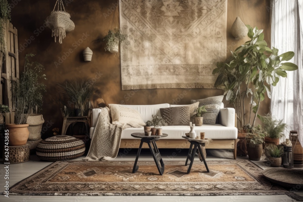 Fototapeta premium Mock up of a rustic bohemian living room in dark and beige tones. Modern wallpaper, furniture, and decorations. modern interior decor. Generative AI