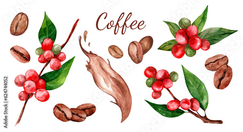 Fényképezés Set of red arabica coffee beans on a branch with flowers isolated, watercolor il