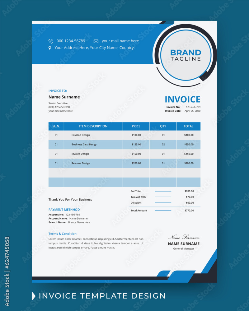 Creative and modern business invoice design with price receipt, payment agreement, invoice bill, accounting and bill receipt template layout in vector Creative and modern business invoice design with price receipt, payment agreement, invoice bill, accounting and bill receipt template layout in vector