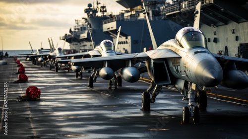 Fighter jet in a line on the aircraft carrier. Air force military power