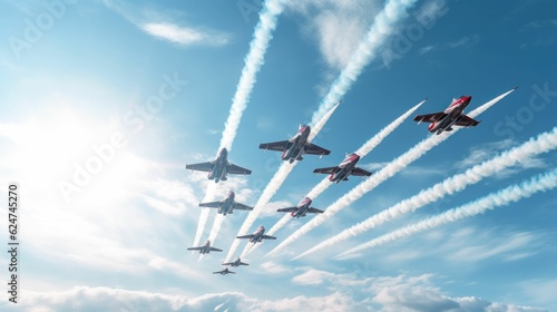 Fighter jet planes in a diamond formation with white smoke trails