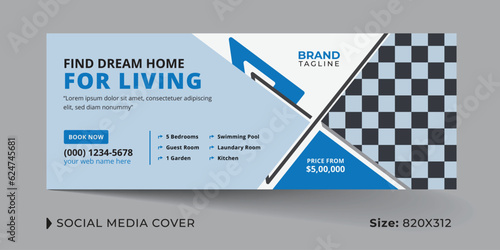 Corporate real estate business and real estate agency social media cover template design with social media ads, banners and cover post layout