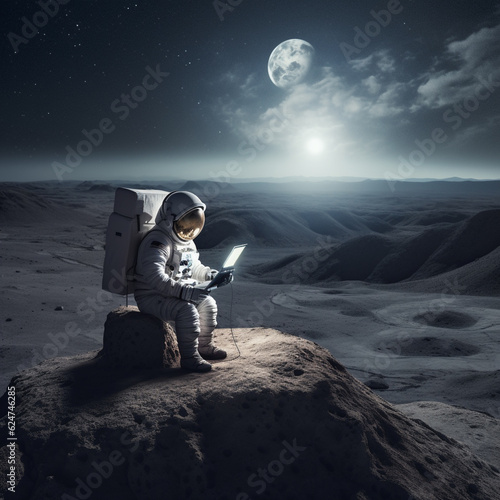 Astronaut sitting on a rock on the surface of another world, using a laptop to communicate with the base on Earth. Generation AI