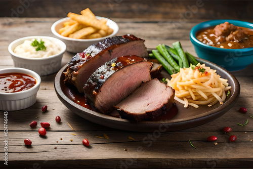 a classic and rustic Texas BBQ concept, smoky and tender brisket, slow-cooked ribs, and savory pulled pork, served with traditional sides like coleslaw, baked beans, and cornbread | Generative AI