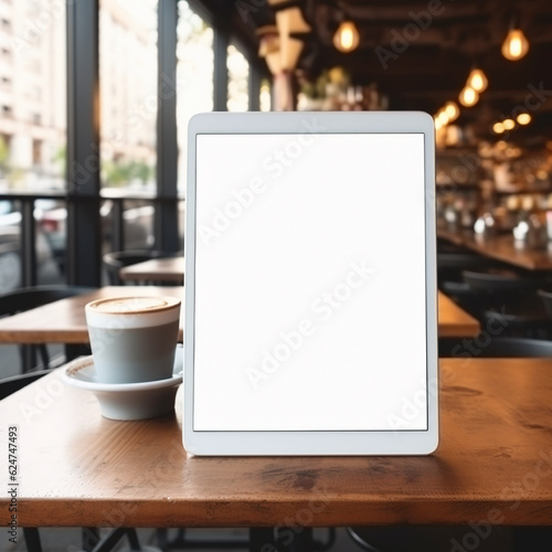 High quality photo of big tablet with blank screen on the table, perfect to create mockup preview