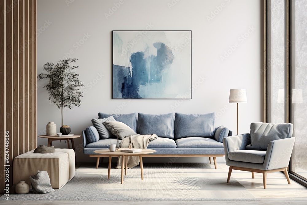 modern living room with a bed, chair and a beautiful photo on the wall, photo mockup modern living room with a bed, chair and a beautiful photo on the wall, photo mockup