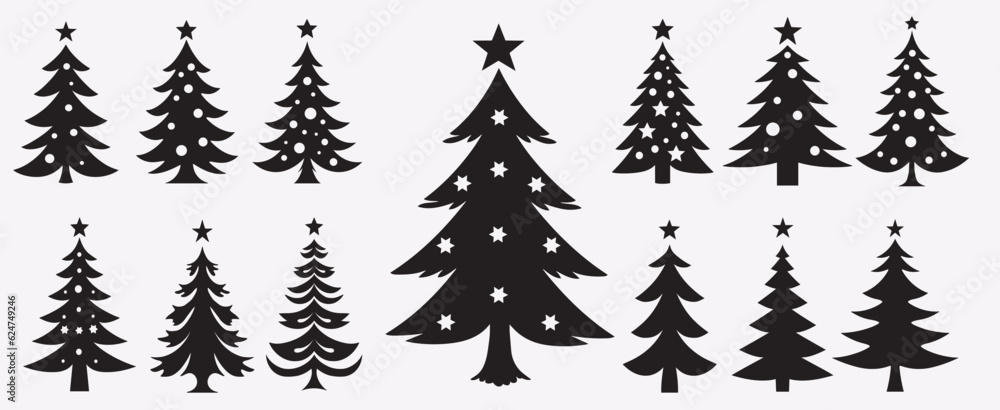 Christmas tree silhouette collection, cartoon Christmas pine tree set icon holiday decoration