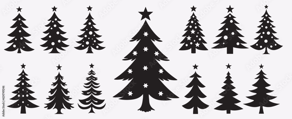 Obraz premium Christmas tree silhouette collection, cartoon Christmas pine tree set icon holiday decoration