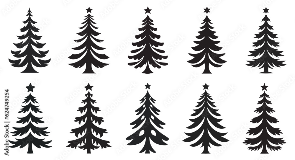 Christmas tree silhouette collection, Cartoon decorated new years fir-tree set