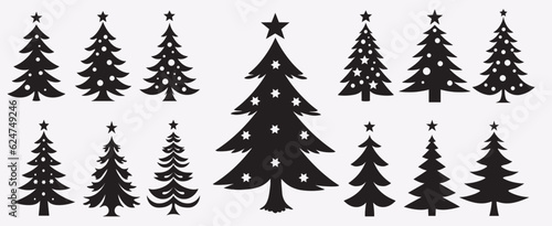 Christmas tree silhouette collection, cartoon Christmas pine tree set icon holiday decoration