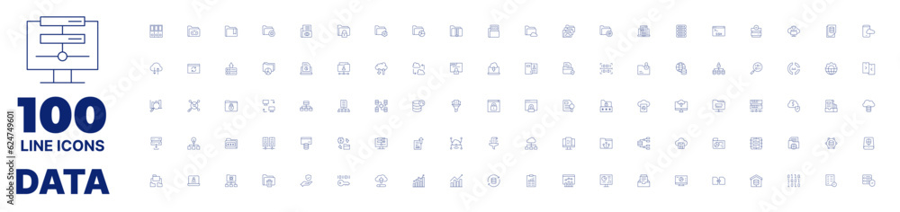 100 icons data collection. Thin line icon. Editable stroke. Containing binders, game folder, bookmark, favourite, watchlist, locked, settings, analytics, zip, coding, cloud, folders, email.