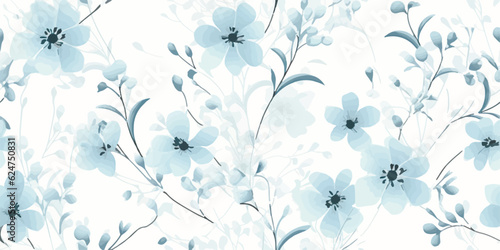 Floral seamless pattern with tender blue abstract branches of flowers and leaves. Vector illustration on ivory background in vintage style