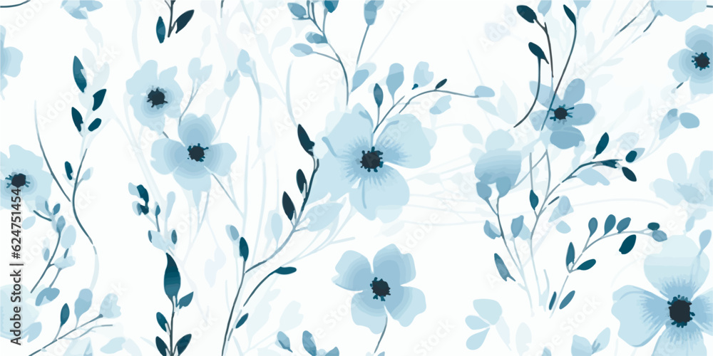 Floral seamless pattern with tender blue abstract branches of flowers and leaves. Vector illustration on ivory background in vintage style Floral seamless pattern with tender blue abstract branches of flowers and leaves. Vector illustration on ivory background in vintage style