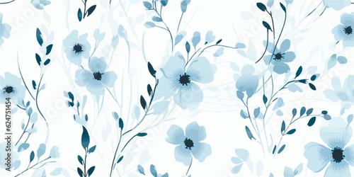 Floral seamless pattern with tender blue abstract branches of flowers and leaves. Vector illustration on ivory background in vintage style