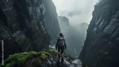 Woman Backpacker hiking through cliffs  made with generative AI